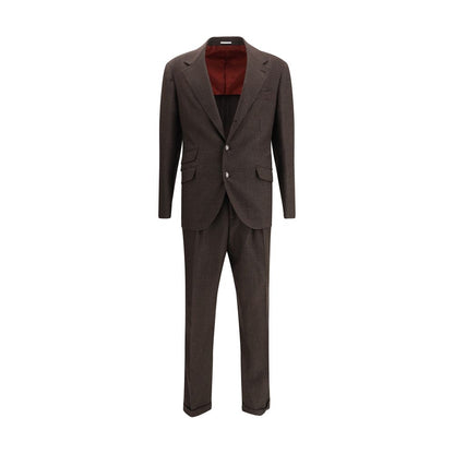 Brunello Cucinelli Brown Wool Two-Piece Suit with Prince of Wales pattern and metal buttons, showcasing elegant menswear design.
