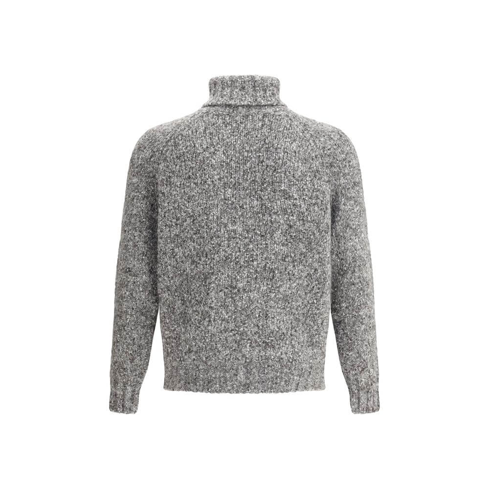Brunello Cucinelli Gray Alpaca Vicugna Pacos Turtleneck, back view, featuring high collar and ribbed trims, luxurious and elegant.
