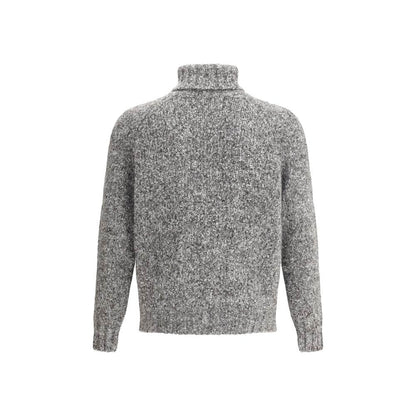 Brunello Cucinelli Gray Alpaca Vicugna Pacos Turtleneck, back view, featuring high collar and ribbed trims, luxurious and elegant.