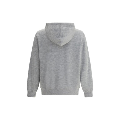 Back view of Brunello Cucinelli Gray Cashmere Sweatshirt with hood, showcasing ribbed cuffs and hem for a classic fit.