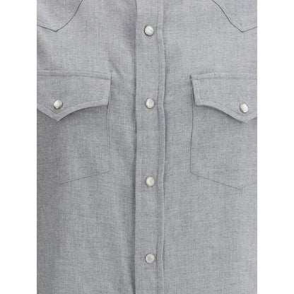 Brunello Cucinelli Gray Cotton Pattern Shirt with patch flap pockets and front snap-button closure for modern elegance.