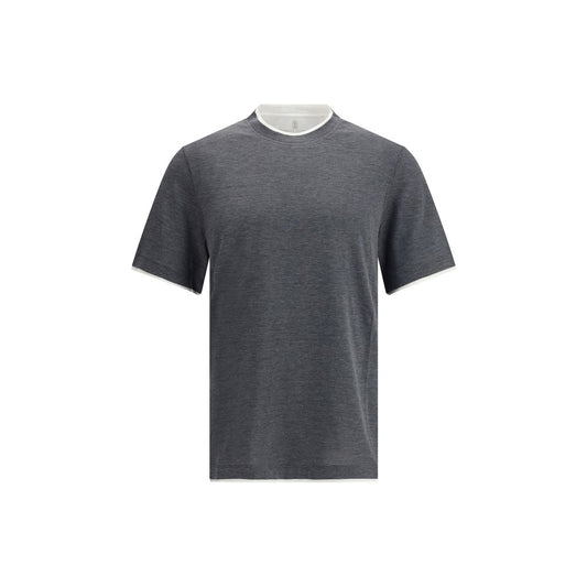 Brunello Cucinelli Gray Cotton T-Shirt in refined silk with two-tone hems, perfect for combining comfort and style.