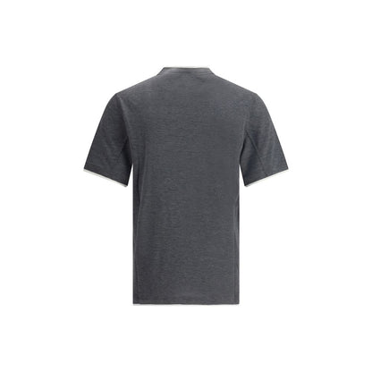 Back view of Brunello Cucinelli Gray Cotton T-Shirt with elegant two-tone hems and contemporary design.