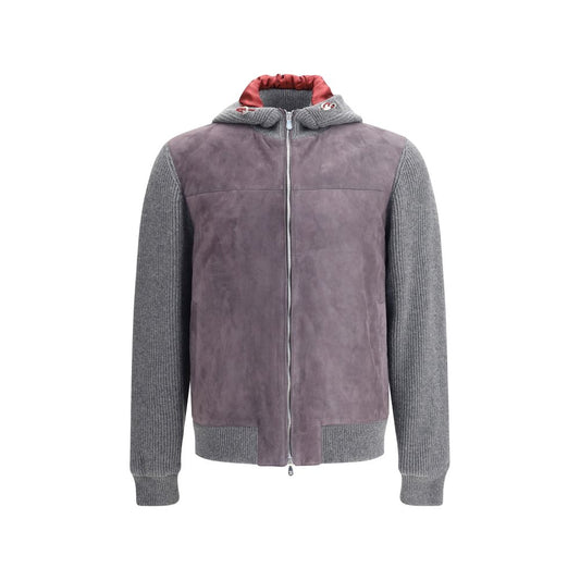 Brunello Cucinelli Gray Wool Jackets And Coat with suede yoke and English rib knit, featuring zipper closure and adjustable hood.