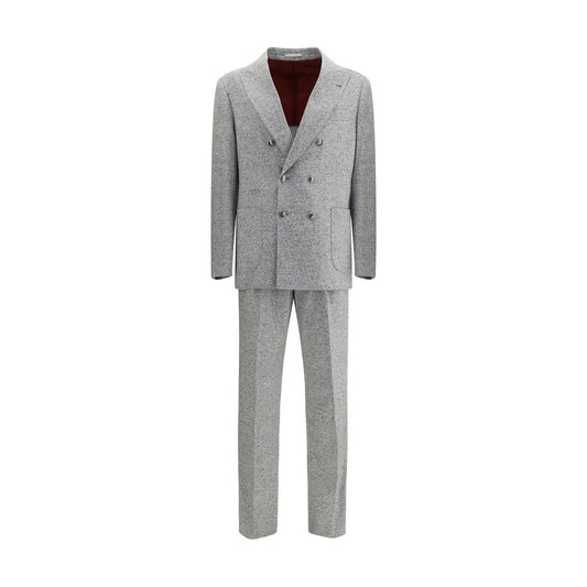 Brunello Cucinelli Gray Wool Two-Piece Suit with metal button closure and peaked lapels, showcasing luxury tailoring in grisaille fabric.