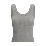 Brunello Cucinelli Ribbed tank Top in gray mélange pattern, featuring a round neckline, perfect for layering, made of fleece wool and Kashmir.