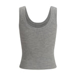 Brunello Cucinelli Ribbed tank Top with round neckline and mélange pattern, made of wool and cashmere, SS25 collection, slim fit.