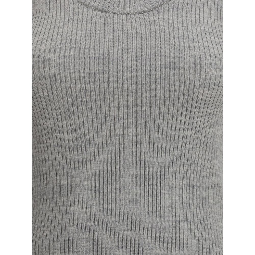Brunello Cucinelli Ribbed tank Top with mélange pattern and round neckline, made of fleece wool and Kashmir, showcasing refined style.