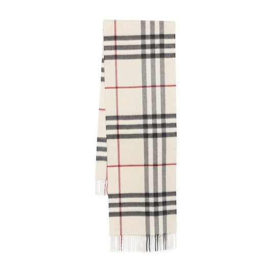 Alt Tag: Burberry Check cashmere scarf with off-white check pattern and fringed edges.