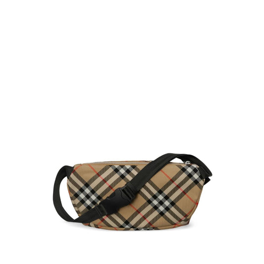 Burberry Vintage check belt bag with archival beige, vintage pattern, equestrian knight motif, front zip, and adjustable strap.