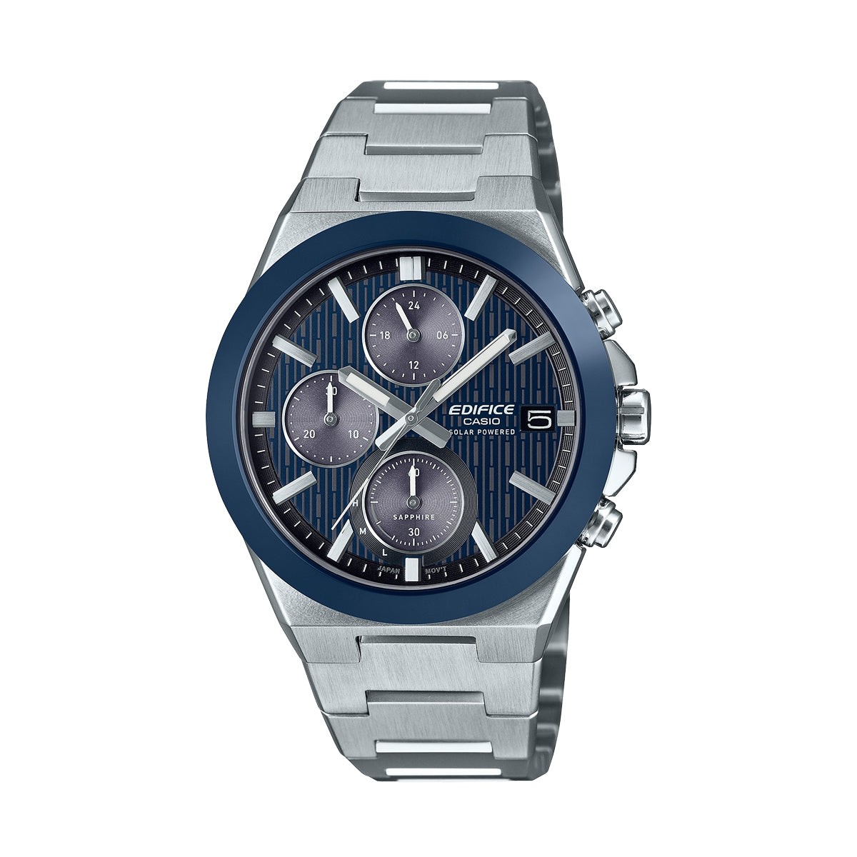 CASIO EDIFICE Mod. SOLAR POWERED CHRONOGRAPH - BLUE men's wristwatch with 10 ATM water resistance and stainless steel bracelet.