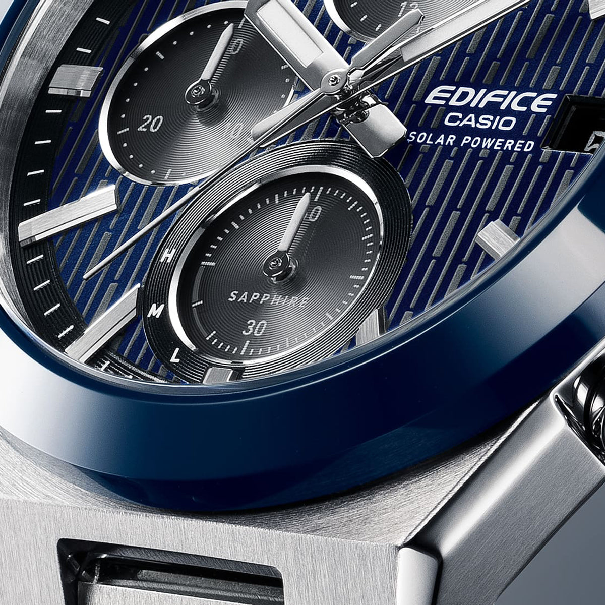 Close-up of CASIO EDIFICE Mod. SOLAR POWERED CHRONOGRAPH - BLUE watch face, highlighting chronograph details and stainless steel casing.
