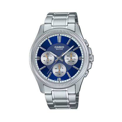 CASIO Mod. DAY DATE MULTIFUNCTION - BLUE, 5 ATM, 43.5mm stainless steel wristwatch, SS bracelet, quartz movement, official packaging.