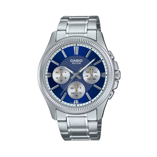 CASIO Mod. DAY DATE MULTIFUNCTION - BLUE, 5 ATM, 43.5mm stainless steel wristwatch, SS bracelet, quartz movement, official packaging.