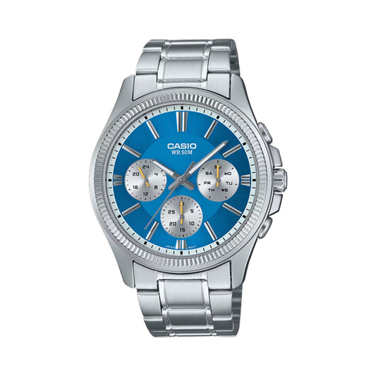 CASIO Mod. DAY DATE MULTIFUNCTION - LIGHT BLUE wristwatch with stainless steel strap, quartz movement, and mineral dial, water resistant 5 ATM.