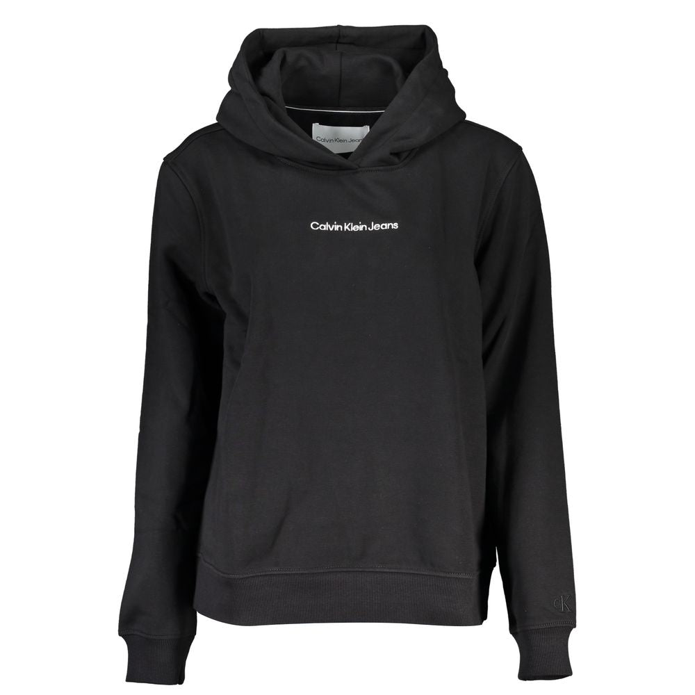 Calvin Klein Black Cotton Sweatshirt with hood, long sleeves, embroidered logo, and transitional fleece fabric.