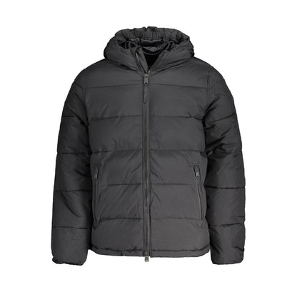Calvin Klein Black Nylon Men Jacket with hood and pockets, sleek design, water-repellent, perfect for modern trendsetters.