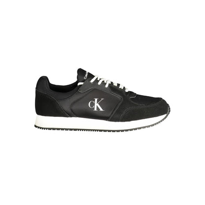 Calvin Klein Black Polyethylene Men Sneaker with logo, sleek design, bold contrasting details, and removable insole for comfort.