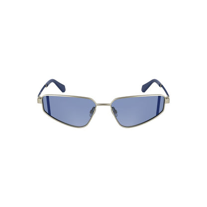 Calvin Klein Gray Metal Women Sunglasses with blue lenses and rectangular frame design, lens width 57 mm, bridge 15 mm, temples 140 mm.
