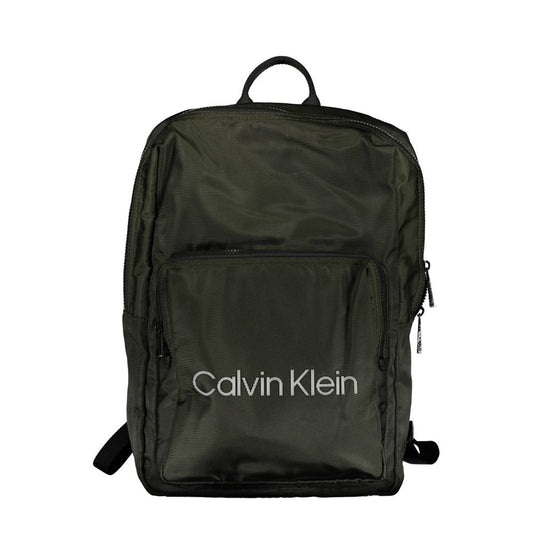 Calvin Klein Green Polyester Men Backpack with logo, featuring external pocket and laptop space for urban voyagers.