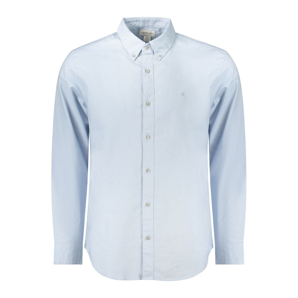 Calvin Klein Light Blue Cotton Men Shirt with button-down collar and CK logo, tailored classic fit, long sleeves.