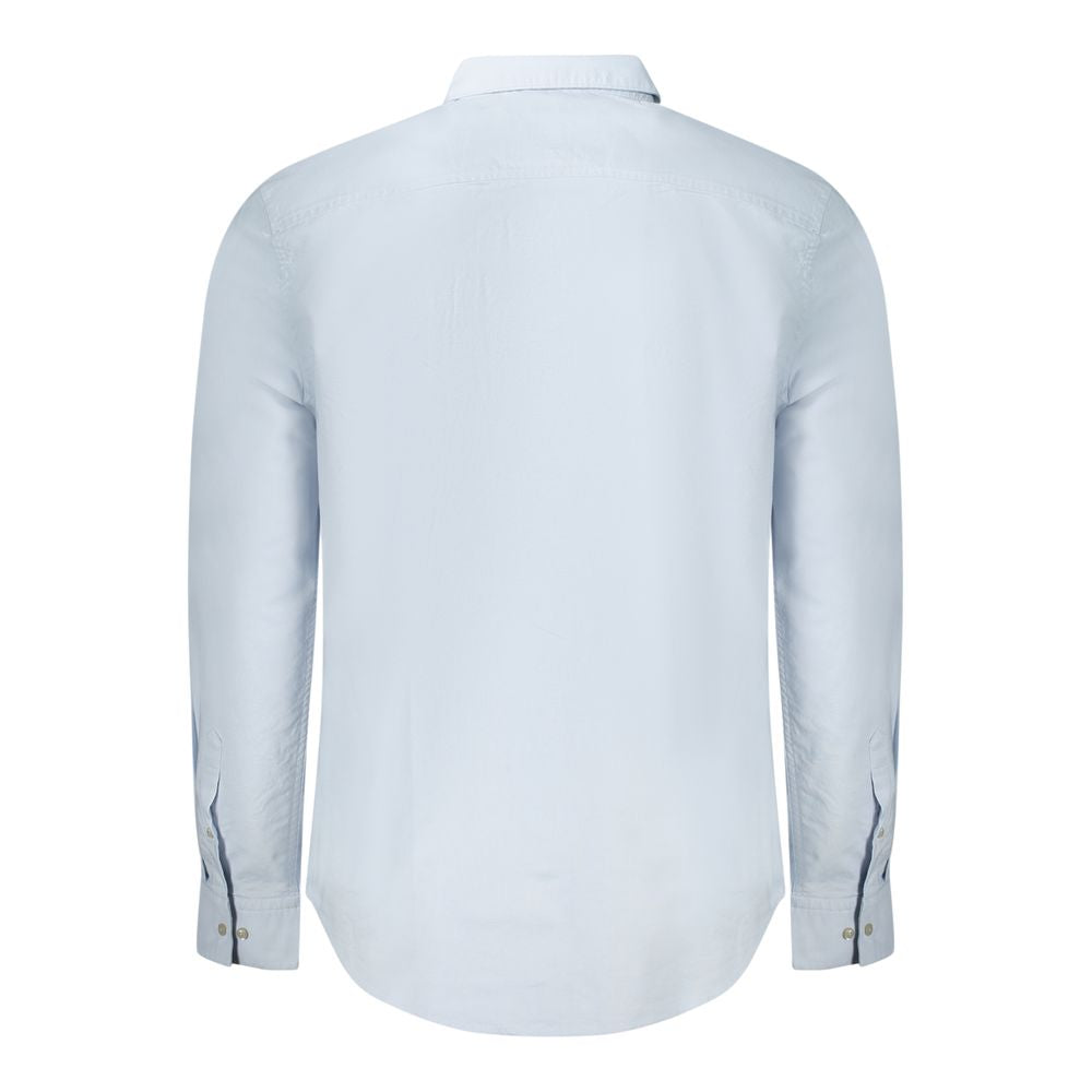Calvin Klein Light Blue Cotton Men Shirt, back view showcasing long sleeves, button-down collar, and exquisite embroidery detail.