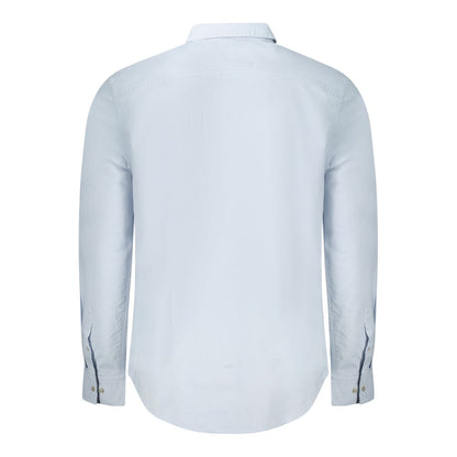 Calvin Klein Light Blue Cotton Men Shirt, back view showcasing long sleeves, button-down collar, and exquisite embroidery detail.