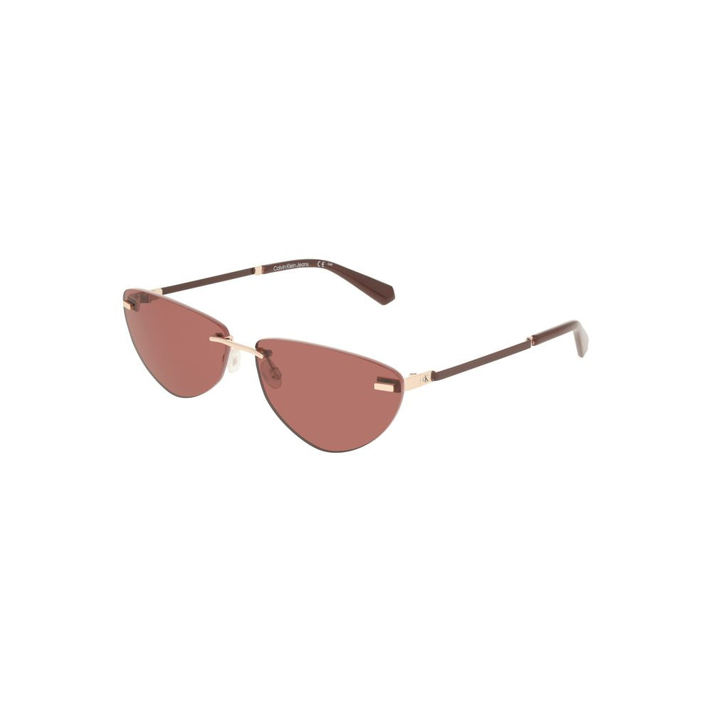 Calvin Klein Pink Metal Women Sunglass with drop-shaped pink lenses and metal frame, featuring iconic logo on the temples.