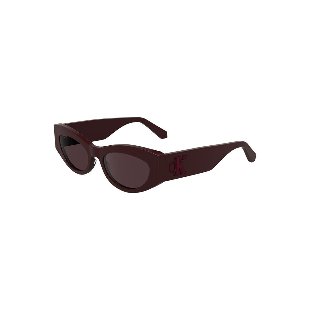 Calvin Klein Red Acetate Women Sunglasses with cat eye shape and brown lenses, eco-friendly design.