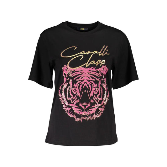 Cavalli Class Black Cotton Women Top featuring bold print and logo, short sleeves, round neck, casual luxury style.