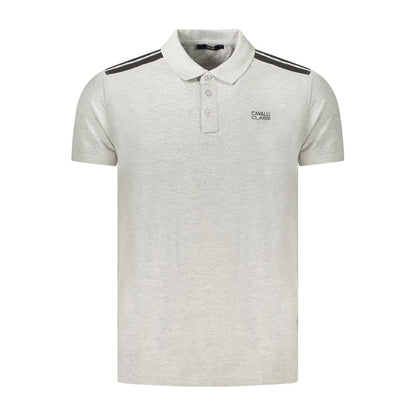 Cavalli Class Gray Cotton Polo Shirt featuring short sleeves, three buttons, contrasting details, and embroidered logo.