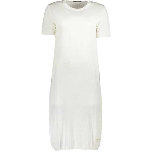 Cavalli Class White Viscose Women Dress with short sleeves and round neck, featuring elegant embroidery and luxury brand details.