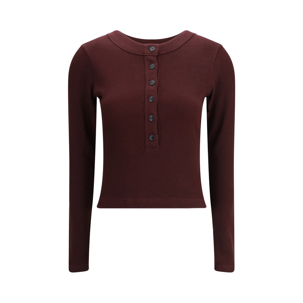Citizens of Humanity Bordeaux Cotton Top with ribbed design, long sleeves, round neckline, and front button closure.