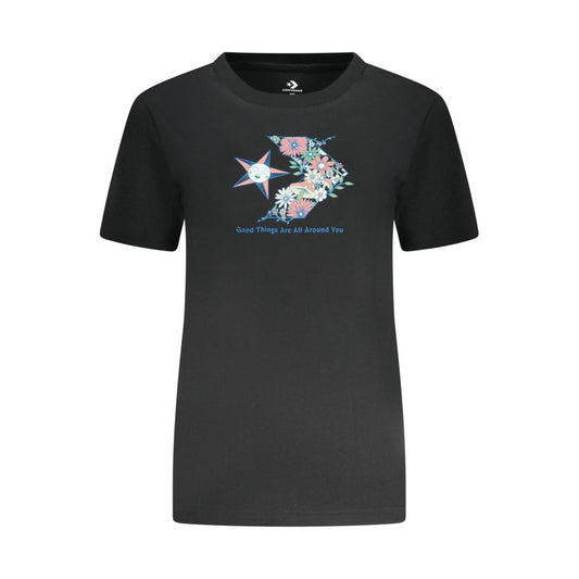 Converse Black Cotton Women T-Shirt with floral design and logo on front, slim fit crew neck style.