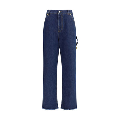 Darkpark Blue Cotton Jeans Denim with gold chain, button-and-zip closure, raw-cut hem, and loose five-pocket style for urban look.