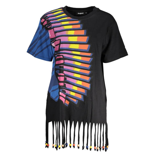 Desigual Black Cotton Women Dress with colorful print and fringe detail