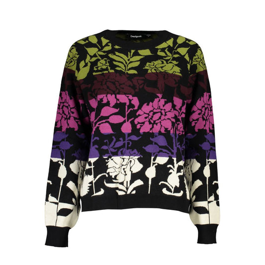 Desigual Chic Long-Sleeved Black Sweater with Contrast Details, featuring vibrant floral patterns and a stylish crew neck design.