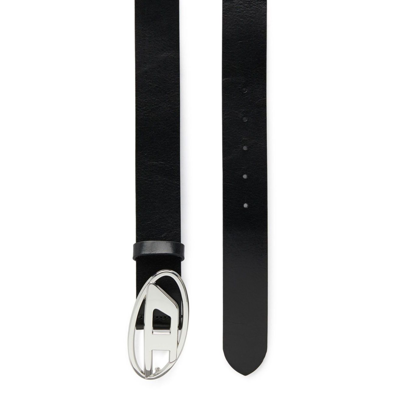 Diesel 1DR leather belt with black calf leather and logo buckle fastening, adjustable fit, rounded tip.