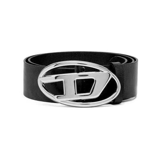 Black calf leather Diesel 1DR leather belt with silver logo buckle fastening and adjustable fit.