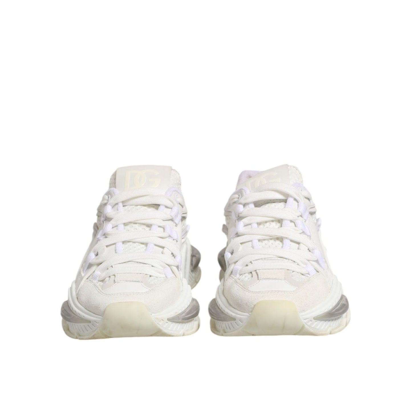 Dolce & Gabbana Airmaster White Women Low Top Sneakers Shoes, front view of Italian luxury sneakers, white leather and nylon blend.