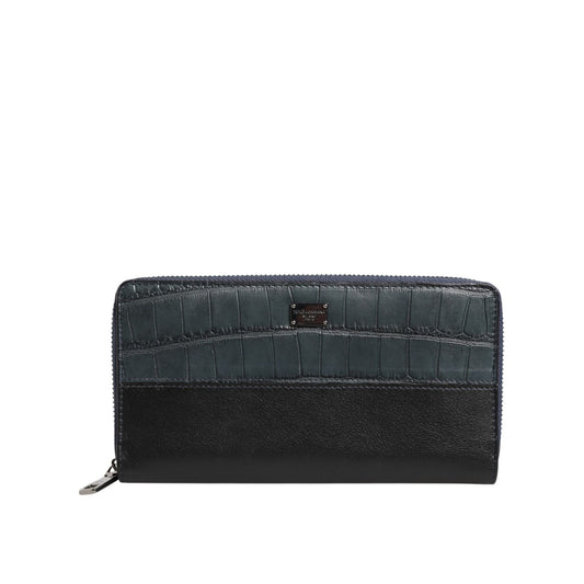 Dolce & Gabbana Black Blue Exotic Leather Men Continental Clutch Wallet with zip-around design and logo plaque.