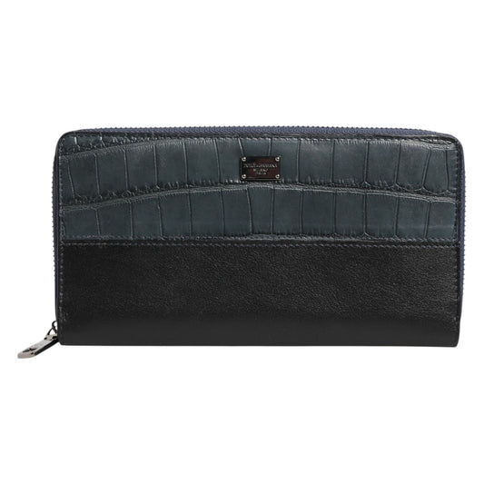 Dolce & Gabbana Black Blue Exotic Leather Men Continental Clutch Wallet with logo plaque and zip-around design