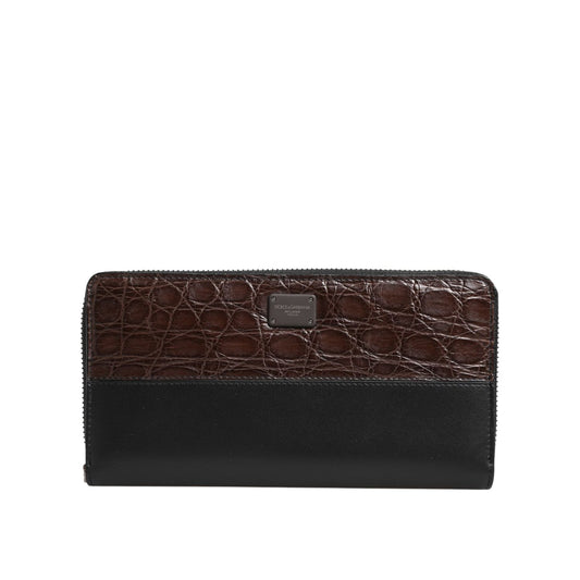 Dolce & Gabbana Black Brown Exotic Leather Men Continental Clutch Wallet with zipper closure and logo details.