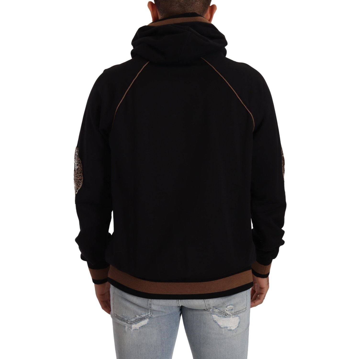 Dolce & Gabbana Black Brown Leopard Cotton Hooded Pullover Sweater