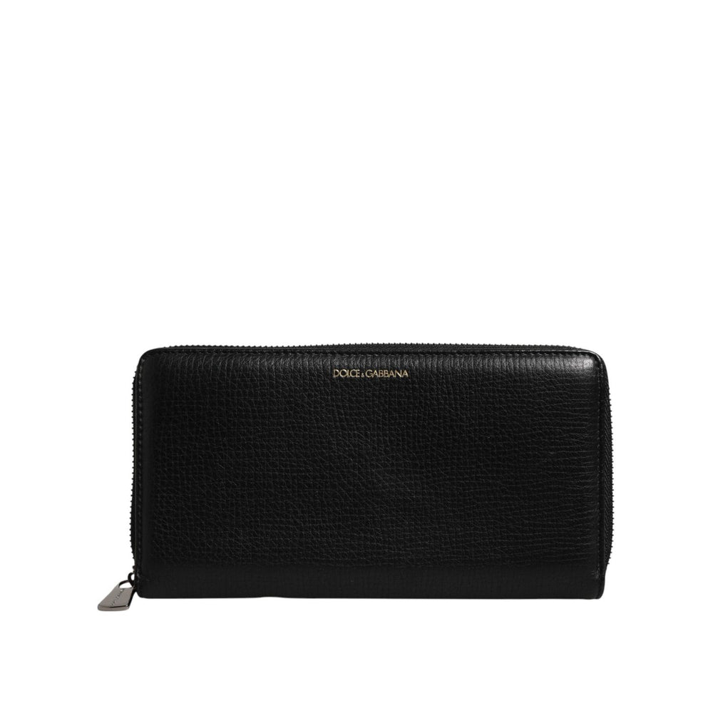 Dolce & Gabbana Black Calfskin Leather Logo Zip Around Continental Wallet with card slots, coin pocket, and zipper closure.