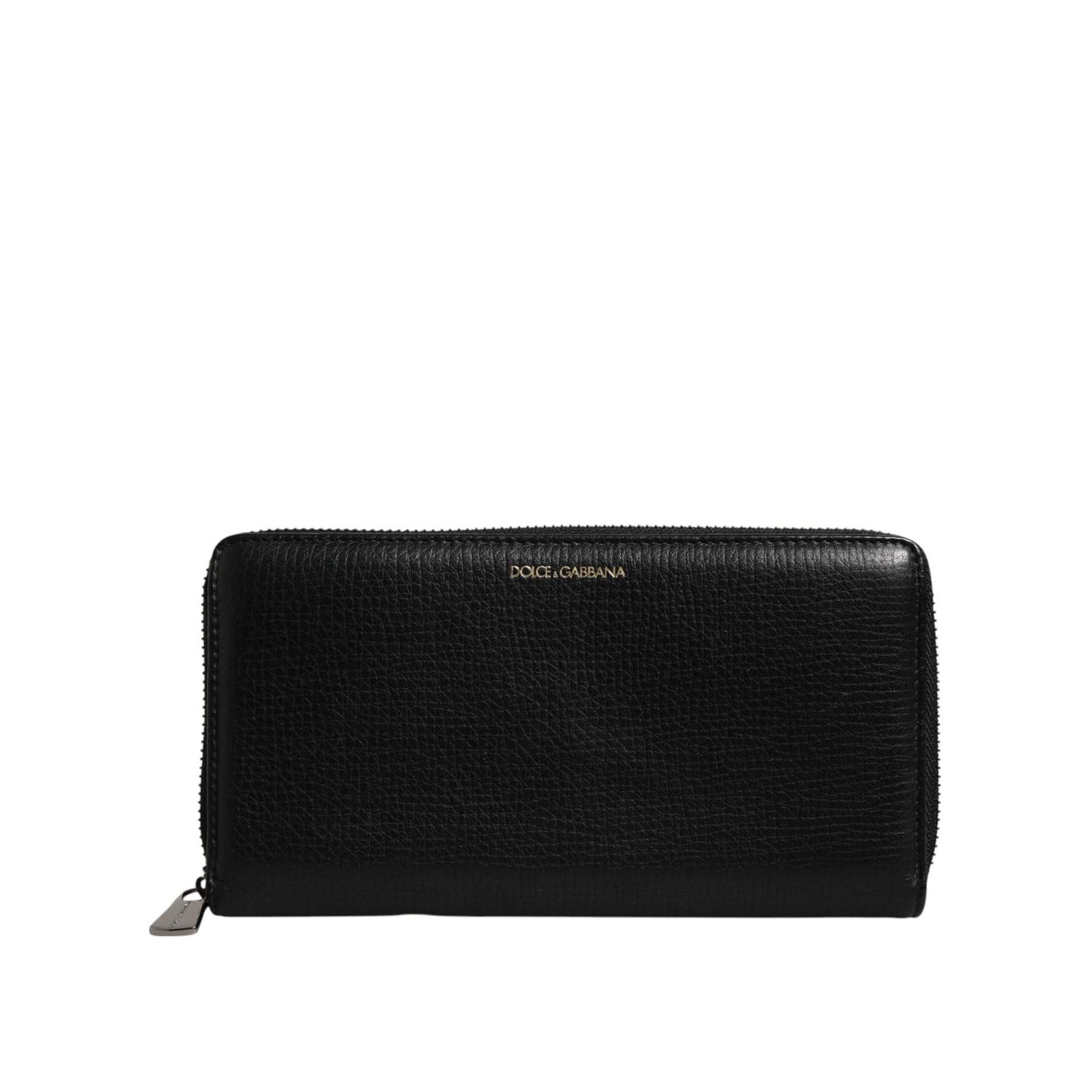 Dolce & Gabbana Black Calfskin Leather Logo Zip Around Continental Wallet with zipper closure and logo detail, made in Italy.