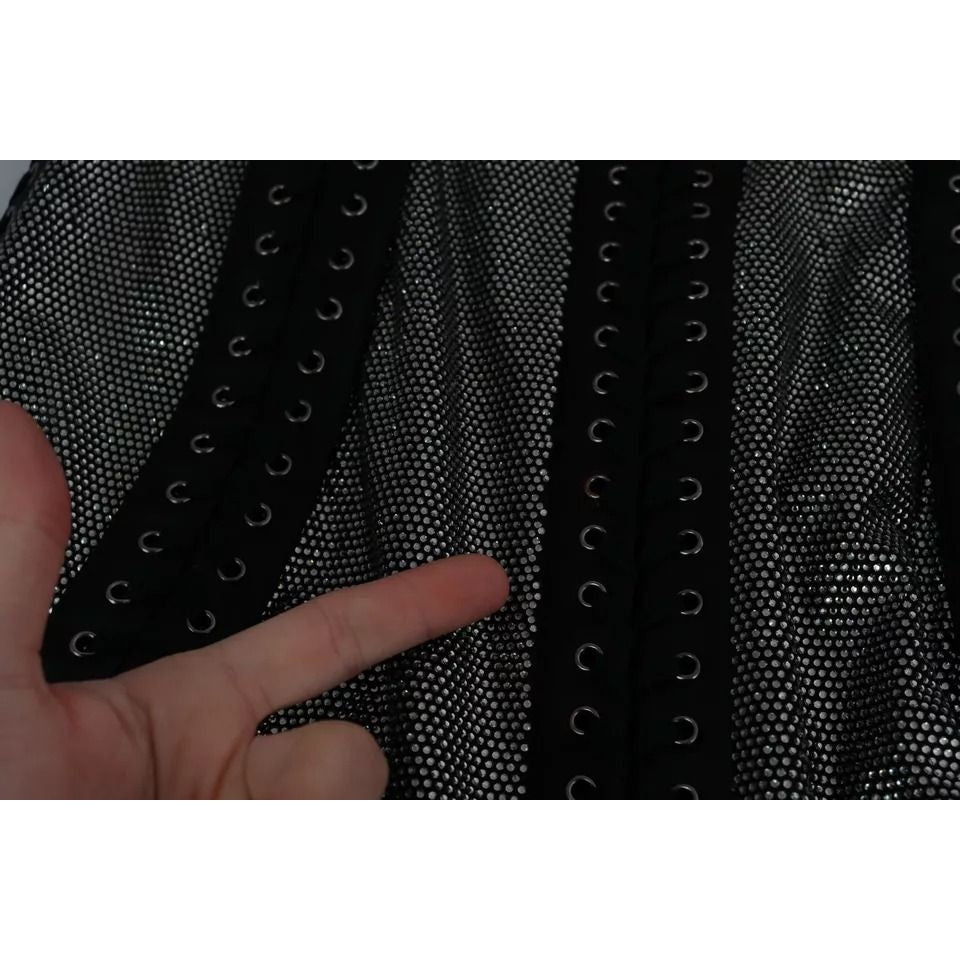 Detail view of Dolce & Gabbana Black Crystals Lace Up Runway Gown Dress with black and grey embellishments.