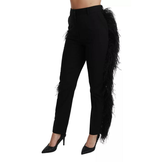 Dolce & Gabbana Black Feather Straight High Waist Pants with zipper and button closure, showcasing elegant feather detail, made in Italy.