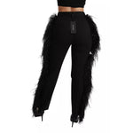 Dolce & Gabbana Black Feather Straight High Waist Pants with zipper and button closure, made in Italy, wool-elastane blend.