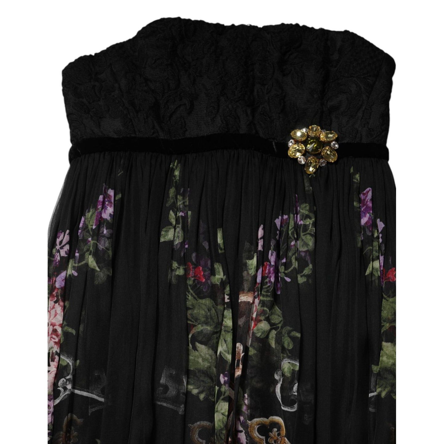 Dolce & Gabbana Black Floral Key Print Crystal Strapless Dress